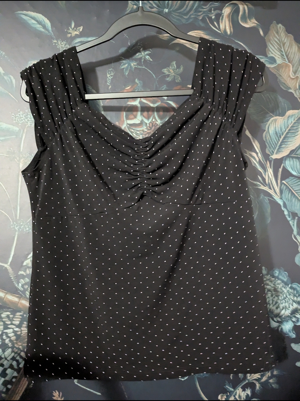 Vintage Coquette Office Siren Cap Sleeve Polkadot Ruched Top Size L